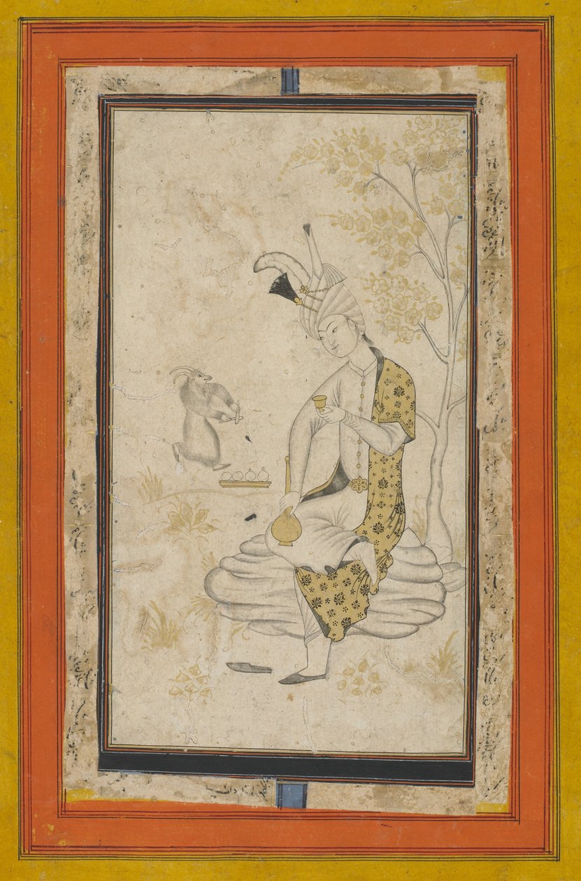 Shah Tahmasp jeg satt på stein, Safavid-dynastiet (blekk og gull på papir) av Persian School