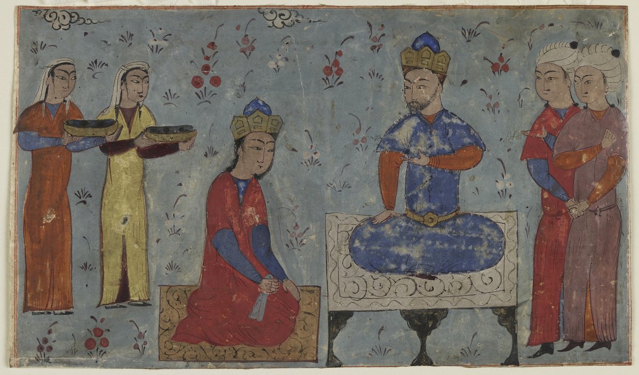 Sindukht før Sam (ugjennomsiktig akvarell, blekk og gull på papir) av Persian School