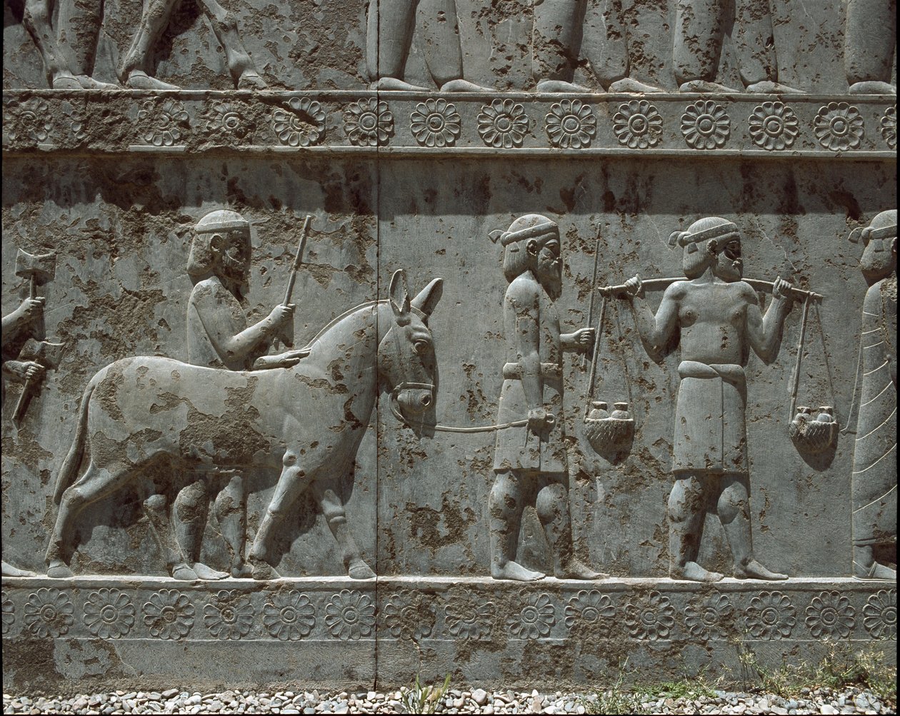 Underdanige folk bringer gaver til Darius I. Relieffer av den østlige trappen til Apadana, 600-tallet f.Kr. av Persian School