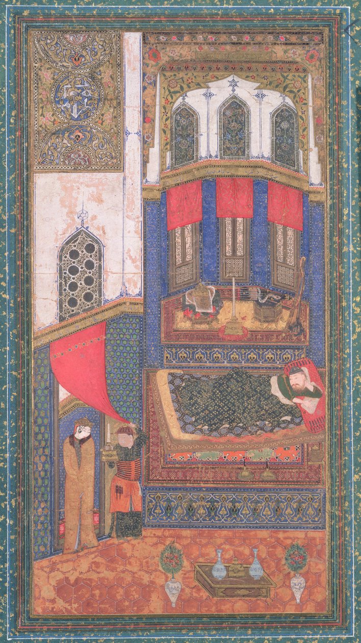 Tahmina Comes into Rustams Chamber, illustrasjon fra Shahnama (Kongenes bok), av Abul-Qasim Manur Firdawsi (ca.934-c.1020), fra Herat, Afghanistan, ca.1410 (ugjennomsiktig wc og gull på papir) av Persian School