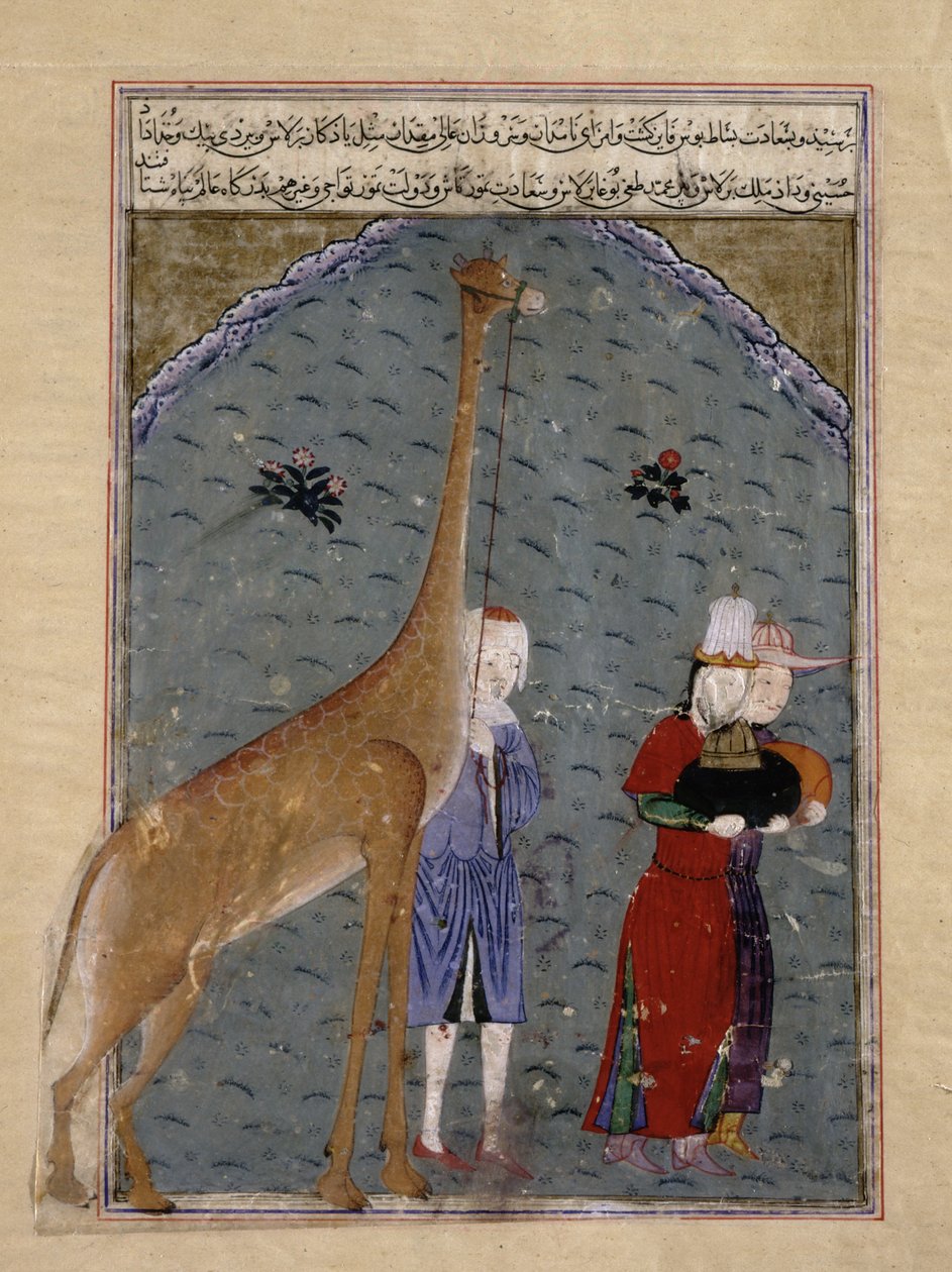 Ambassadørene til den egyptiske sultanen al-Nasir Faraj ibn Barquq presenterer sine hyllestgaver, inkludert en giraff, til Timur, illustrasjon fra Zafarnama av Sharaf al-Din Ali Yazdihiraz, 1436 (blekk, av Persian School
