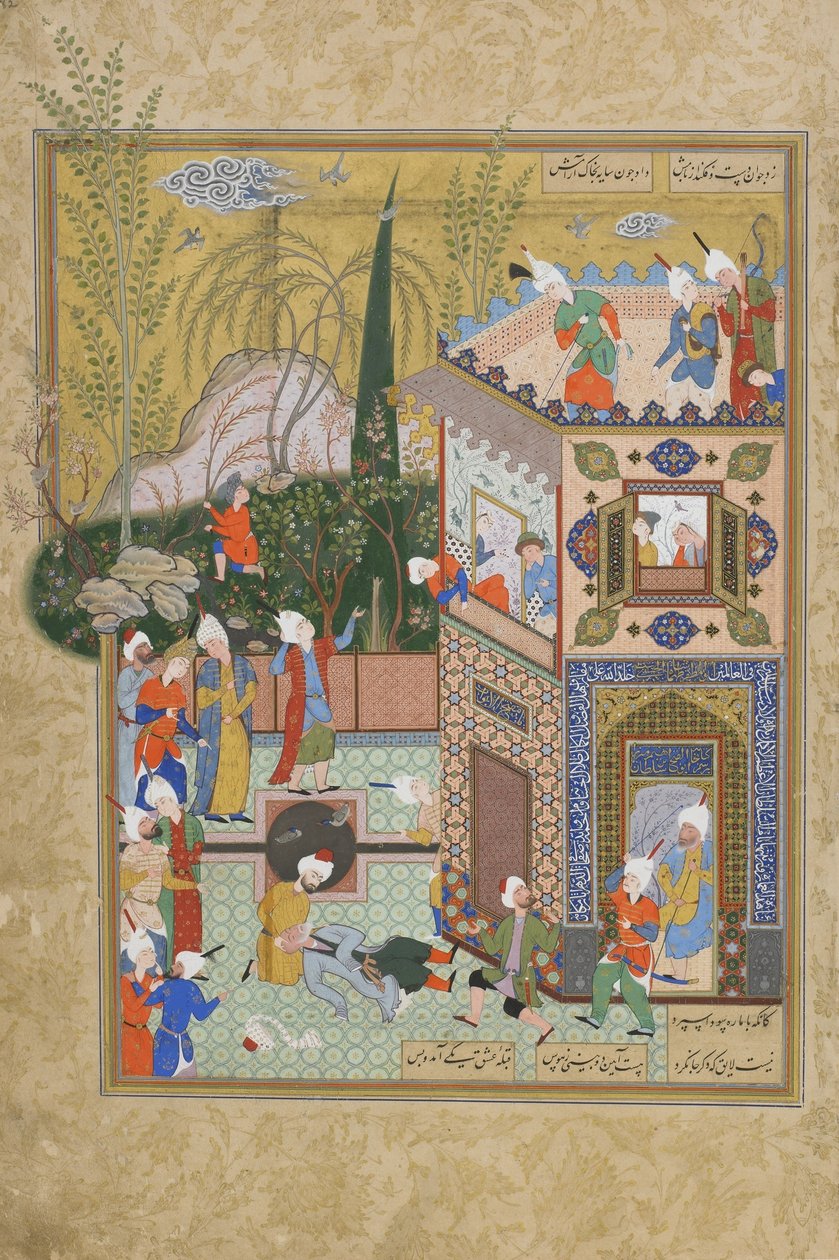 The Fickle Old Lover is Knocked Off the Rooftop, folio fra en Haft awrang (Seven thrones) av Jami (d.1492) sannsynligvis Mashad, Khurasan, Iran, Safavid-dynastiet, 1556-1565 (blekk, ugjennomsiktig akvarell og gull av Persian School