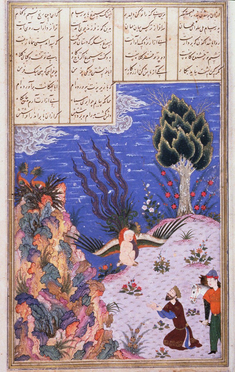 Simurgh gjenoppretter barnet Zal til sin far Sam, illustrasjon fra Shahnama (Kongenes bok), av Abul-Qasim Manur Firdawsi (ca.934-c.1020) ca.1440-45 (penn, blekk og wc på vellum) av Persian School