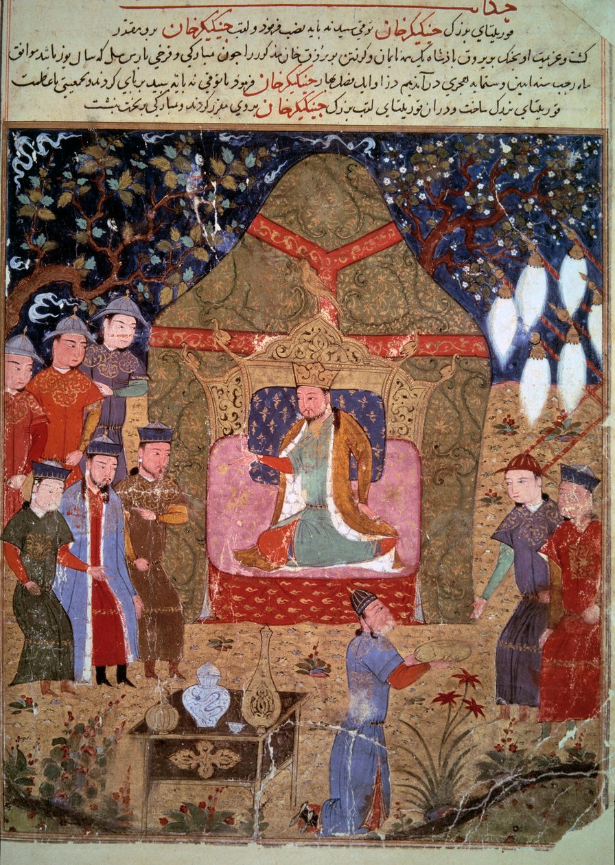 Hoffet til den mongolske keiseren Genghis Khan (1162-1227), som representerer det persiske miniatyrsenteret fra "Jami al-Tawarikh" (Jami al-Tawarikh) (eller universell historie) av historikeren Rashid al-Din (al Din) (1247-1318) ), omtrent 1430. Paris, B.N av Persian School