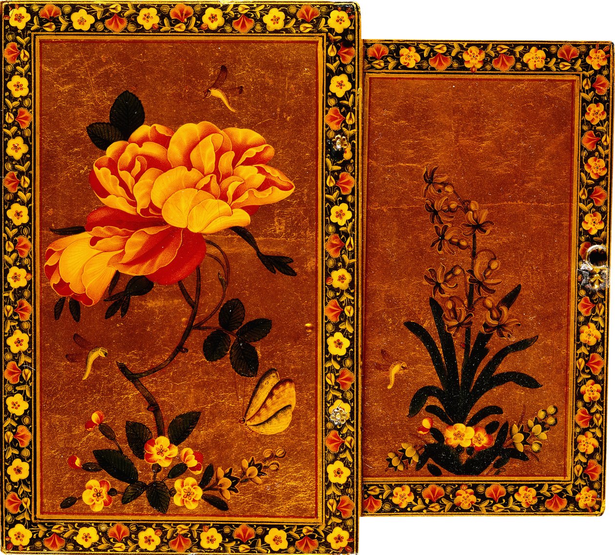 Forsiden og baksiden av en speilkasse malt med henholdsvis en hyasint og en rose, 1600-tallet av Persian School
