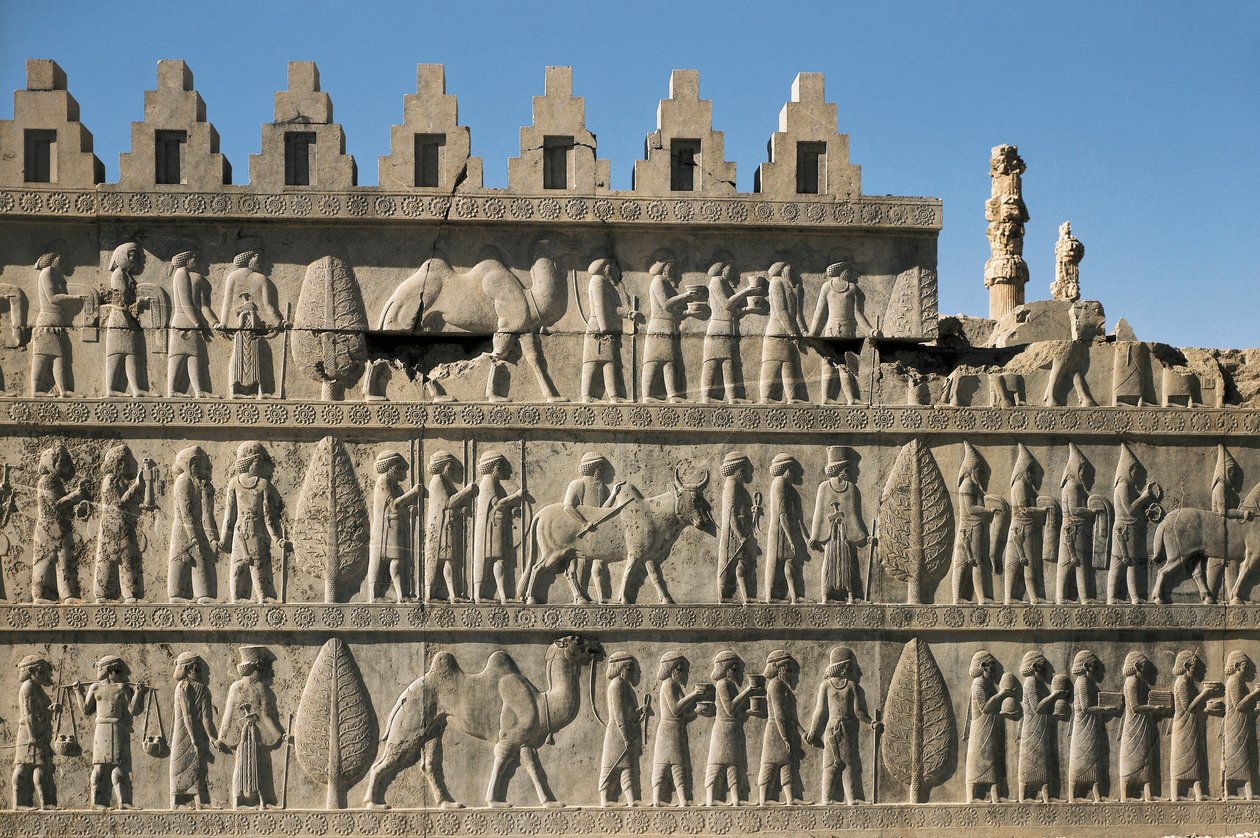 Palasset til Darius I, i Persepolis (Iran): detalj av innredningen av apadana eller rettssalen, som representerer de underdanige folkene som bringer gaver til Darius I (550-486 f.Kr., sa The Great). Lavrelieff, 6. f.Kr., persisk kunst, perioderute. av Persian School