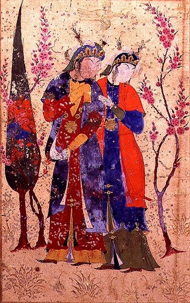 To prinsesser i et hagelandskap, fra Tohfat Al-Ahrar, Bokhara-skolen av Persian School