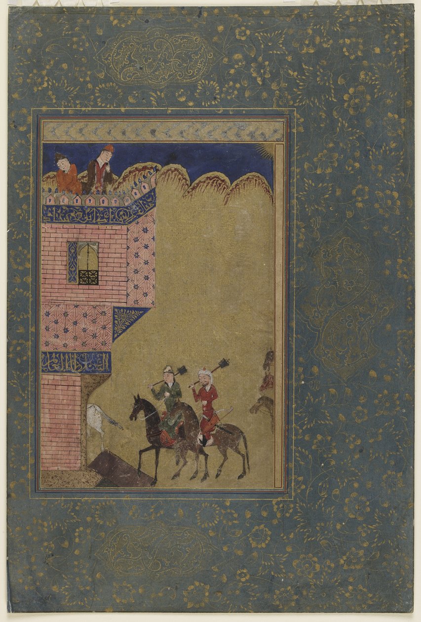 To ryttere som bærer maces nærmer seg et slott, ca. 1417-18 av Persian School