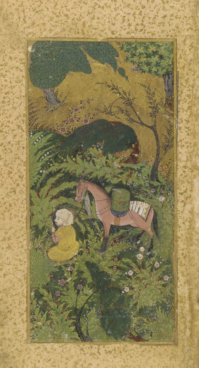 Ventende brudgom med hest i skogkledd lund, sannsynligvis Tabriz, Turkoman-dynastiet, ca. 1500 (ugjennomsiktig akvarell og gull på papir) av Persian School