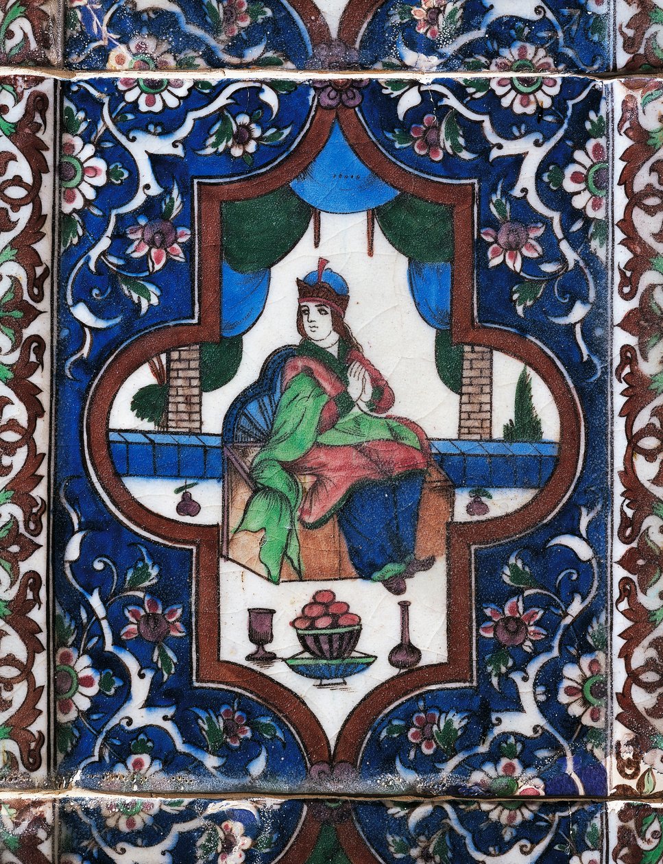 Femeie așezată, țiglă ceramică pictată, civilizație persană norvegiană av Persian School