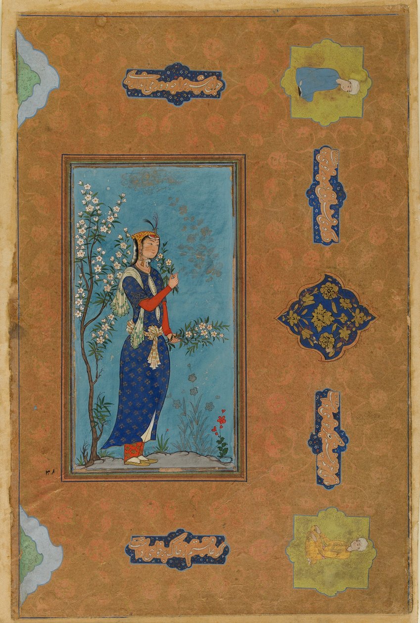 Kvinne med en spray av blomster, Safavid-perioden, ca. 1575 (wc og gull på papir) av Persian School