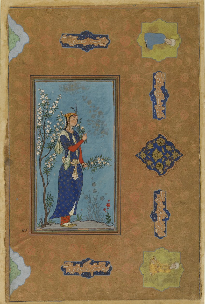 Kvinne med en spray av blomster, ca. 1575 (ugjennomsiktig akvarell og gull på papir) av Persian School