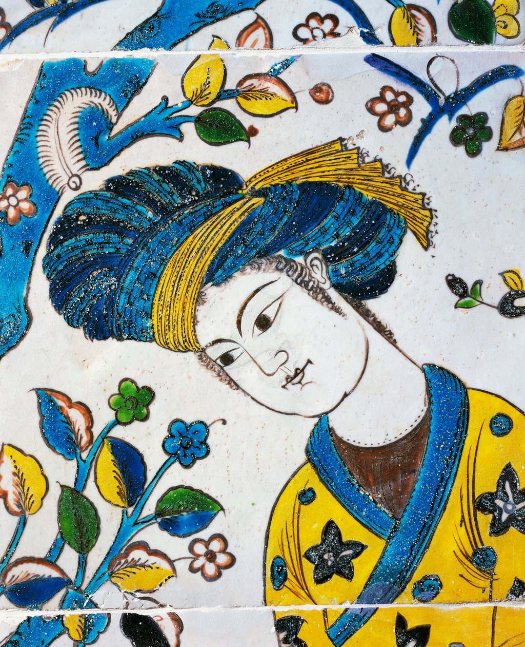 Ung mann med turban, spill i hagen, detalj fra keramiske fliser fra Chehel Sotoun, Isfahan, persisk sivilisasjon av Persian School