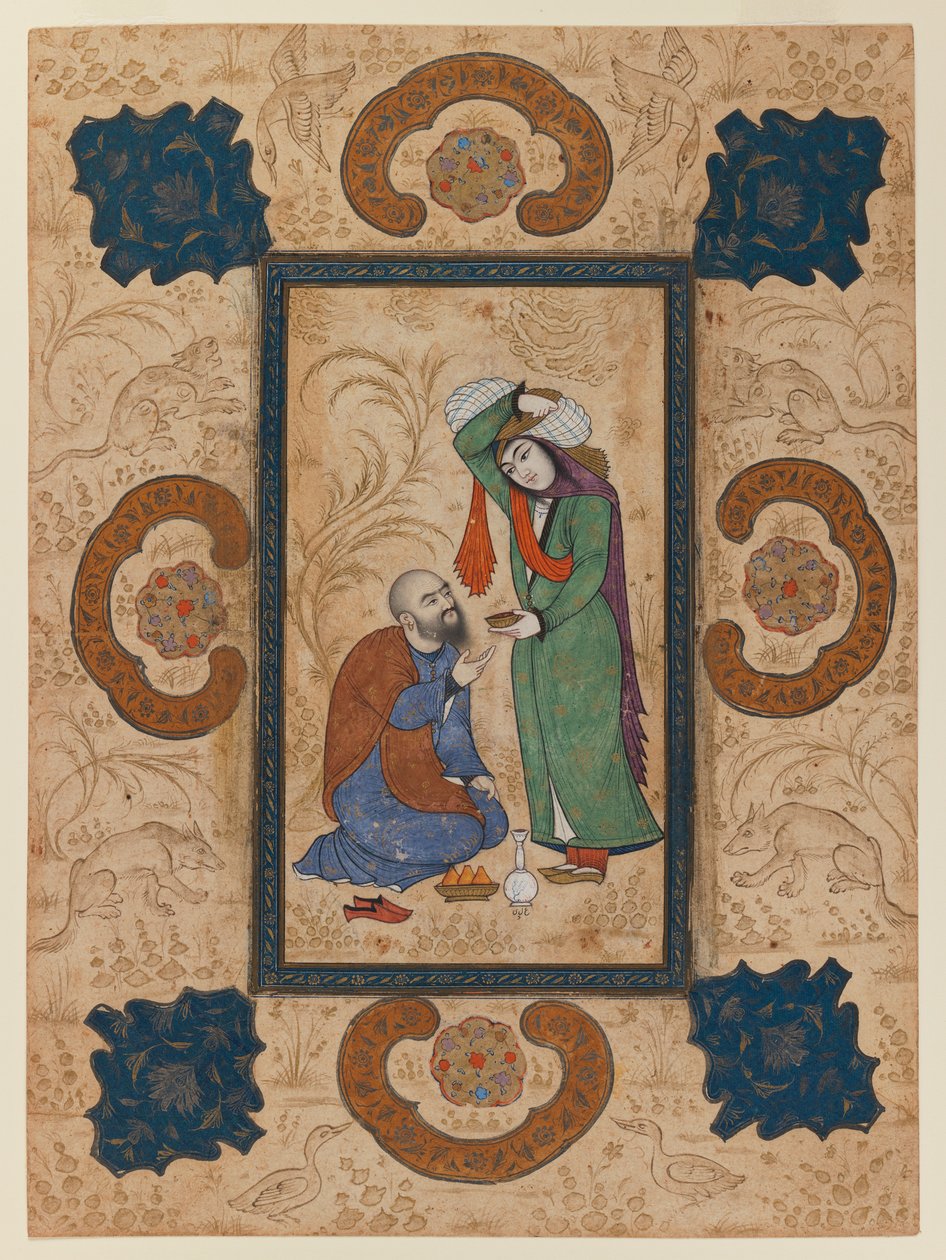 Ung kvinne tilbyr vin til en vismann (blekk og ugjennomsiktig wc på papir) av Persian School