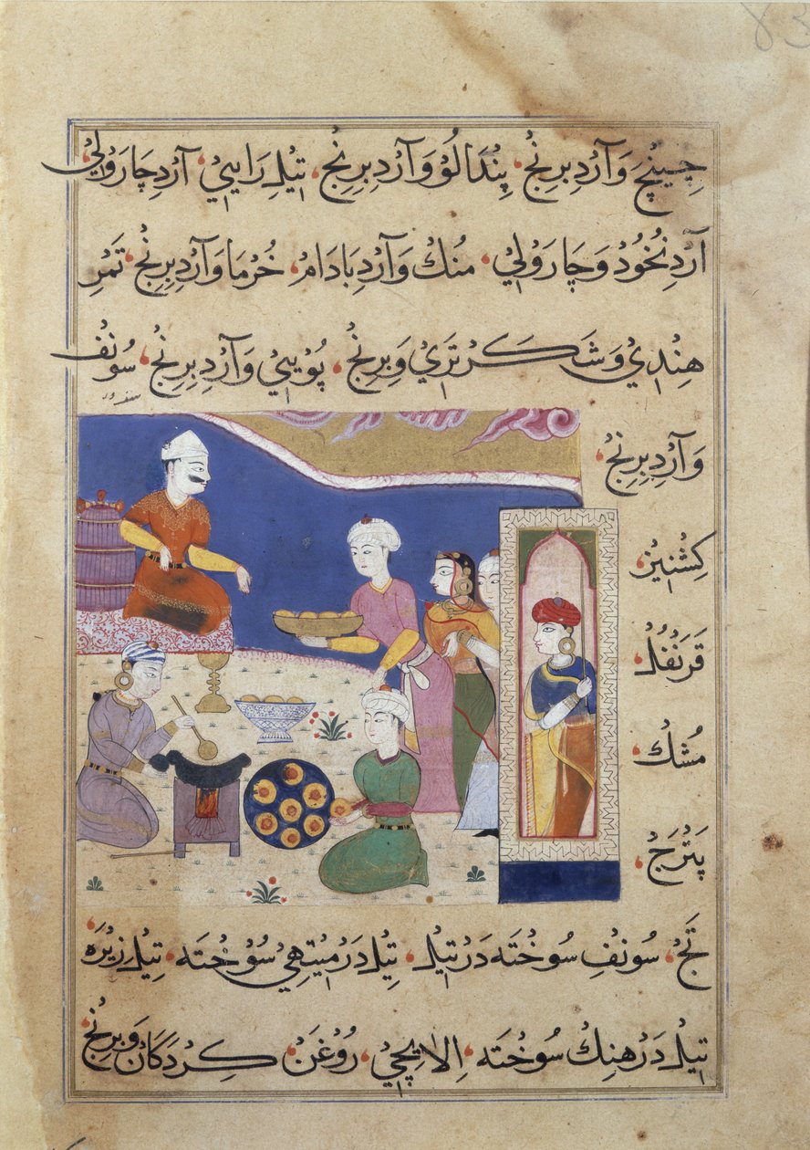 f.83v Tilberedning av søtsaker til sultanen av Mandu, fra et manuskript om indisk matlaging (vellum) av Persian School