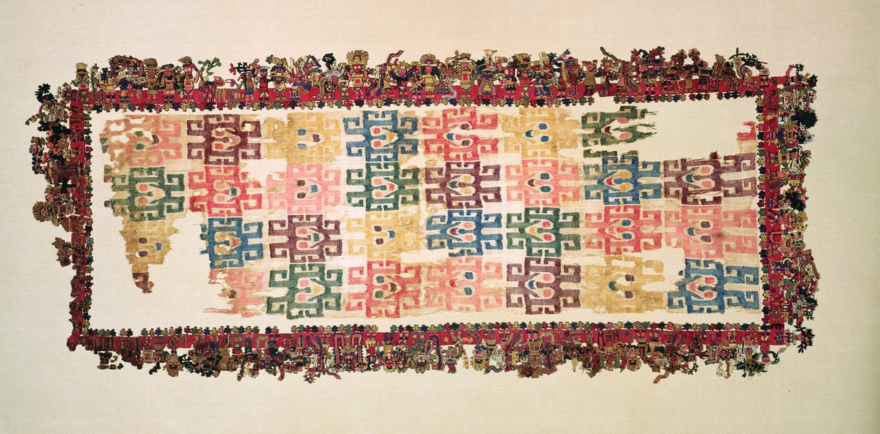 Mantelfragmenter, kjent som The Paracas Textile, Nazca Culture, 200-600 AD (bomull og ull) av Peruvian School