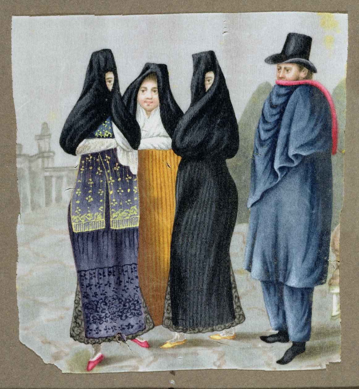 On the Streets of Lima, ca. 1820 (wc på papir) av Peruvian School
