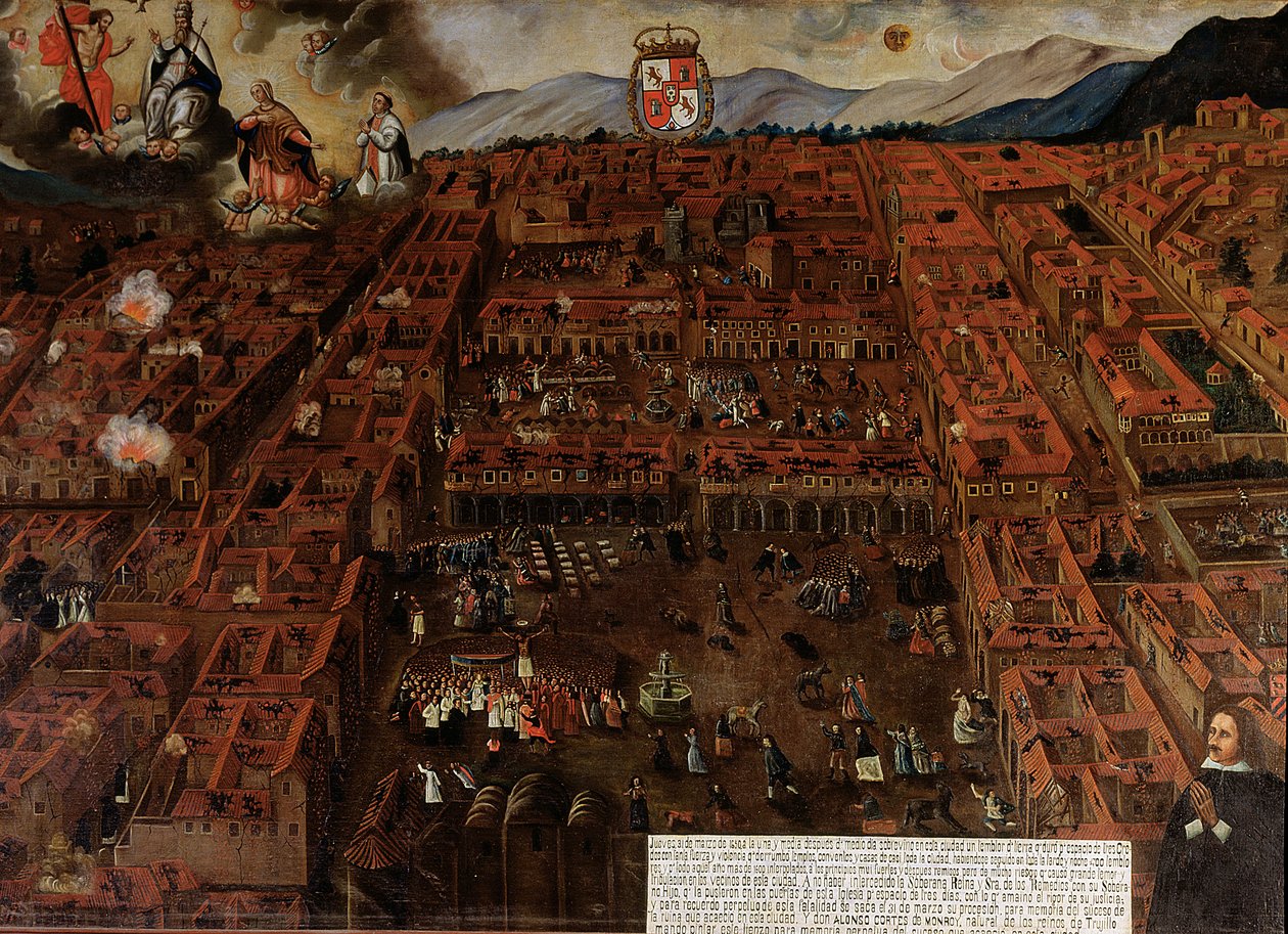Utsikt over Cuzco på tidspunktet for jordskjelvet i 1650 av Peruvian School