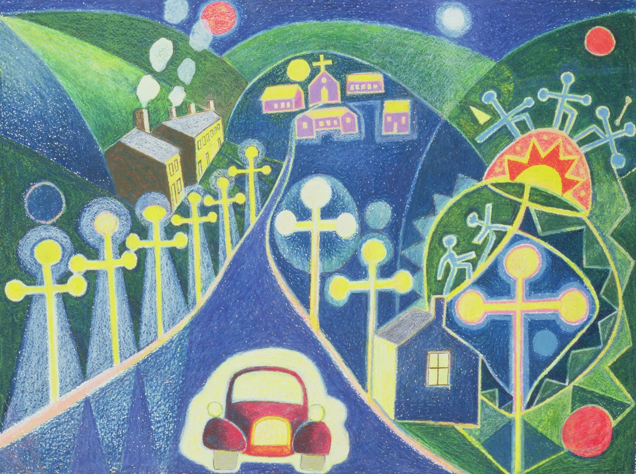 Mystical Village, 1985 (oljepastell på papir) av Peter Davidson