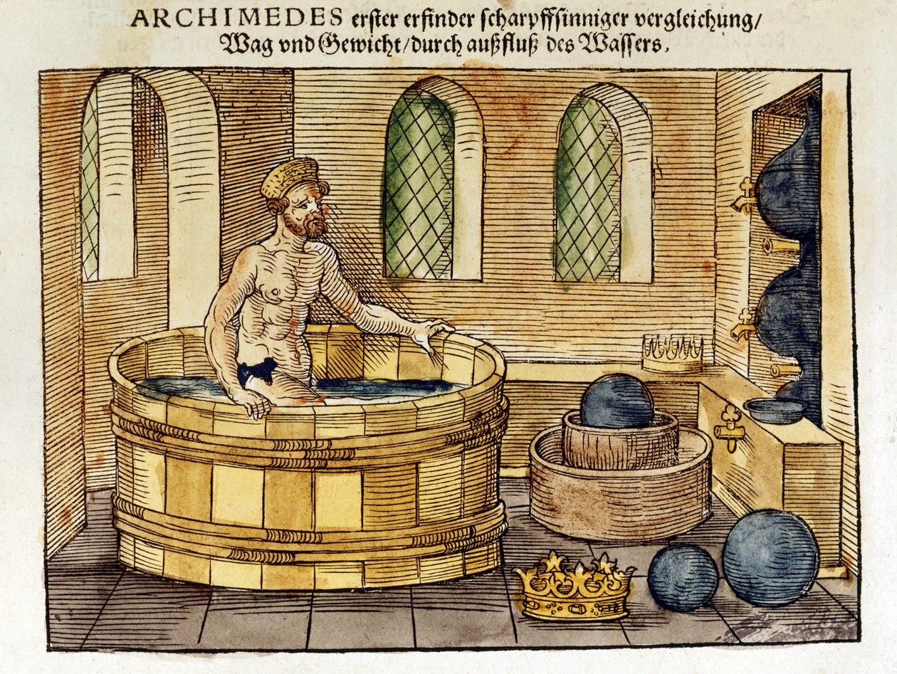 Archimedes (c287-212 f.Kr.) gresk matematiker og oppfinner, i badet sitt, 1547 (håndfarget tresnitt) av Peter Flötner