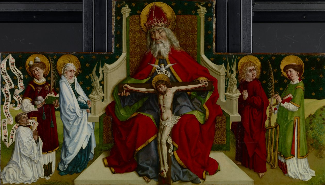 Treenigheten med jomfruen, de hellige Johannes evangelisten, Stephen og Lawrence og en giver, 1479 av Peter Hemmel