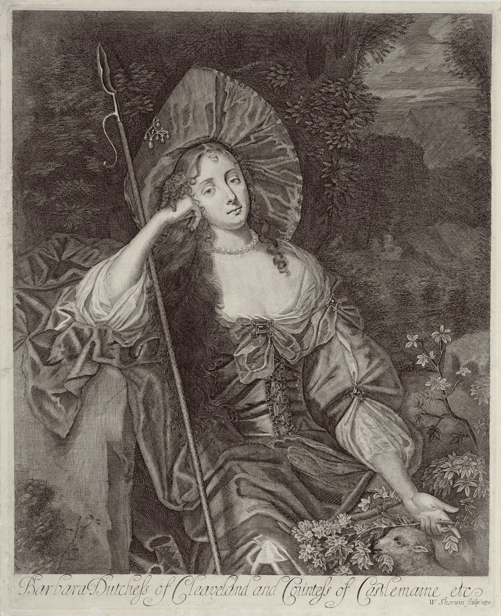 Barbara hertuginne av Cleaveland (1641-1709) som gjeterinne gravert av William Sherwin (1645-1711), 1670 av Peter Lely