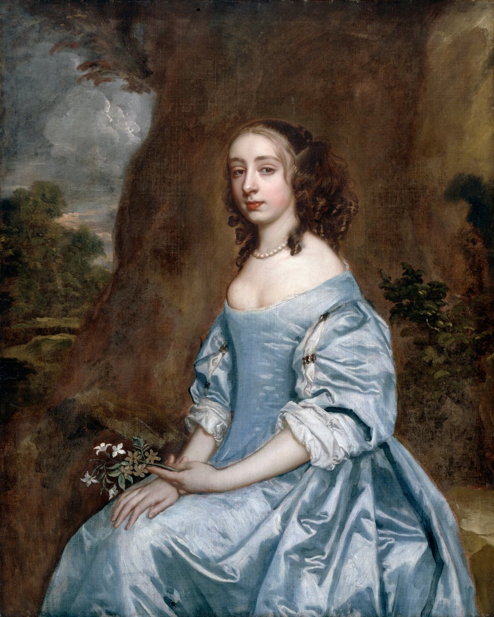 Portrett av en dame i blått som holder en blomst av Peter Lely
