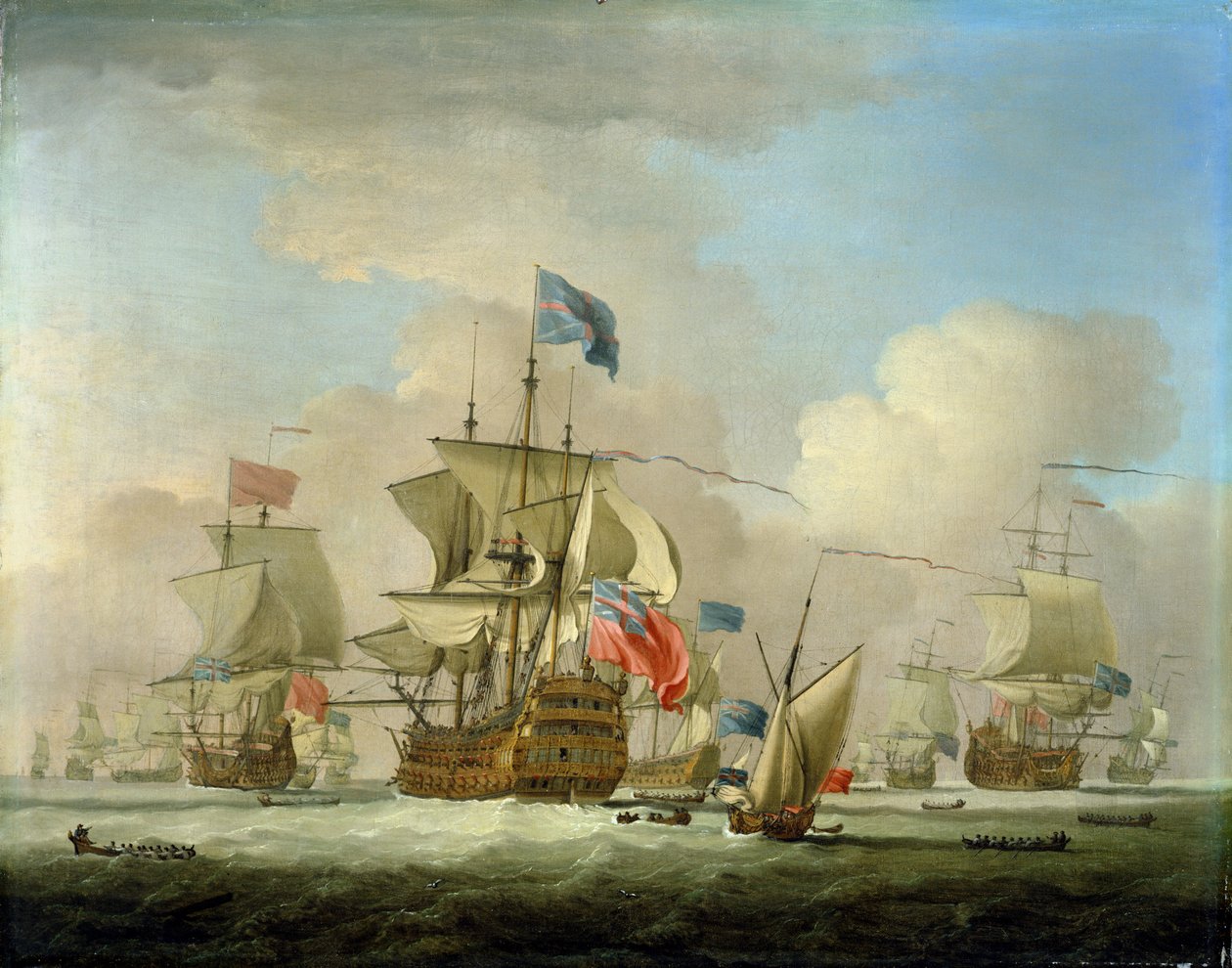 Britiske krigsmenn og en slupp, ca. 1720-30 av Peter Monamy