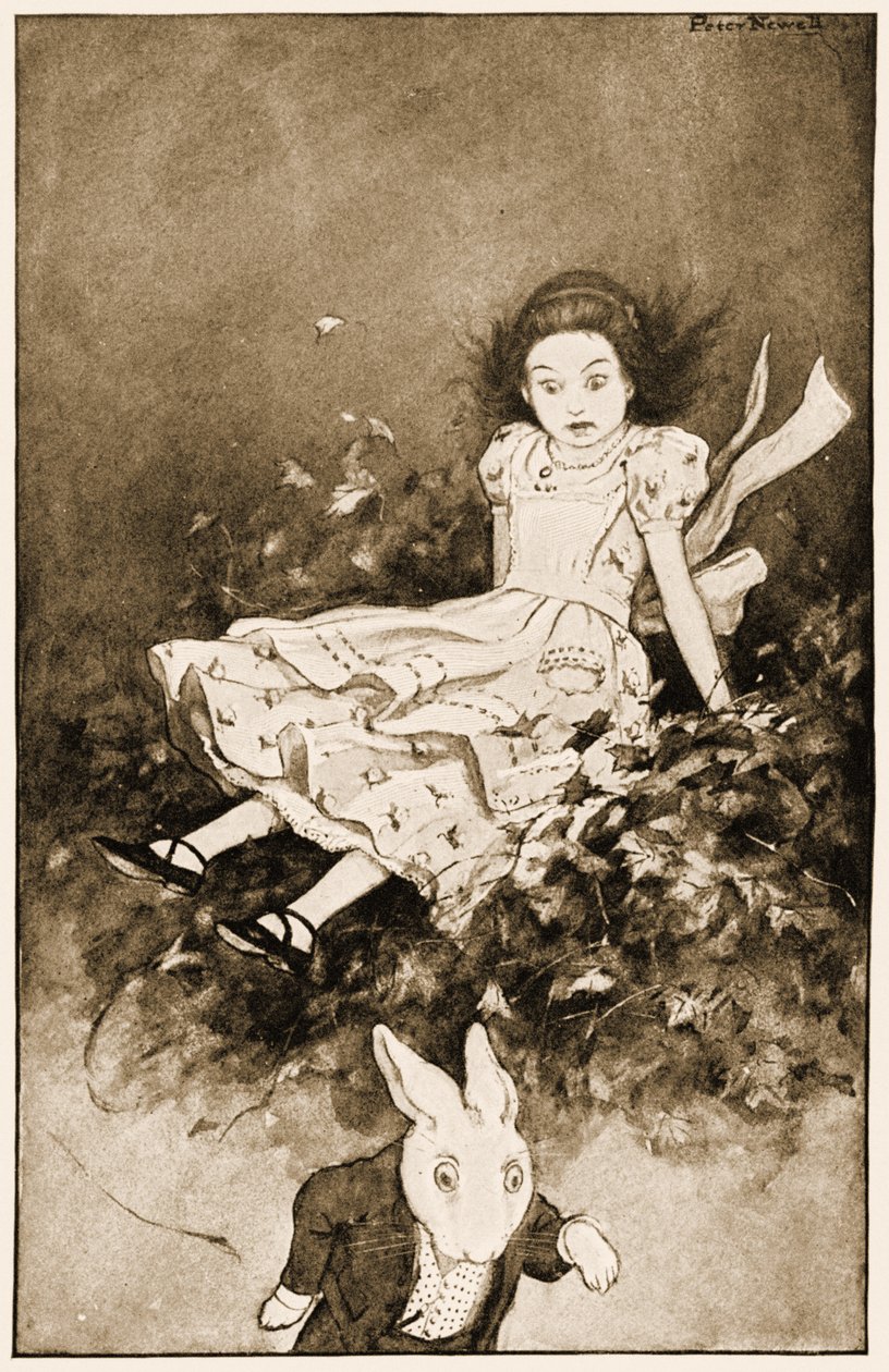 Ned kom hun over en haug med tørre løv, illustrasjon for Lewis Carrolls Alices Adventures in Wonderland, 1901 av Peter Newell