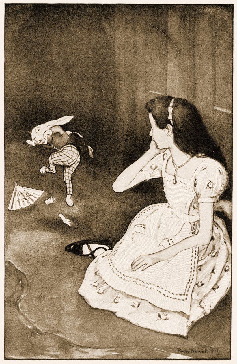 The Rabbit startet voldelig, illustrasjon for Lewis Carrolls Alices Adventures in Wonderland, 1901 av Peter Newell