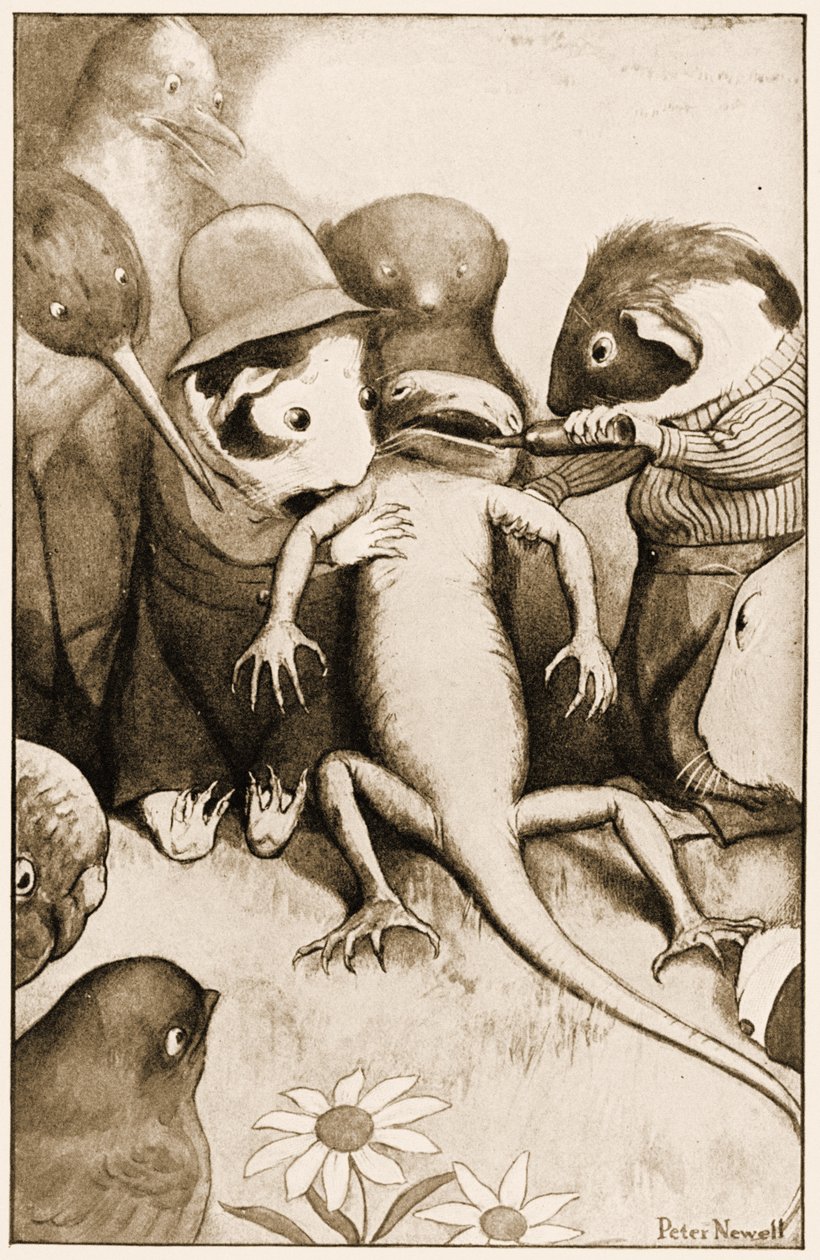 Den stakkars lille øglen Bill ble holdt oppe i midten, illustrasjon for Lewis Carrolls Alices Adventures in Wonderland, 1901 av Peter Newell