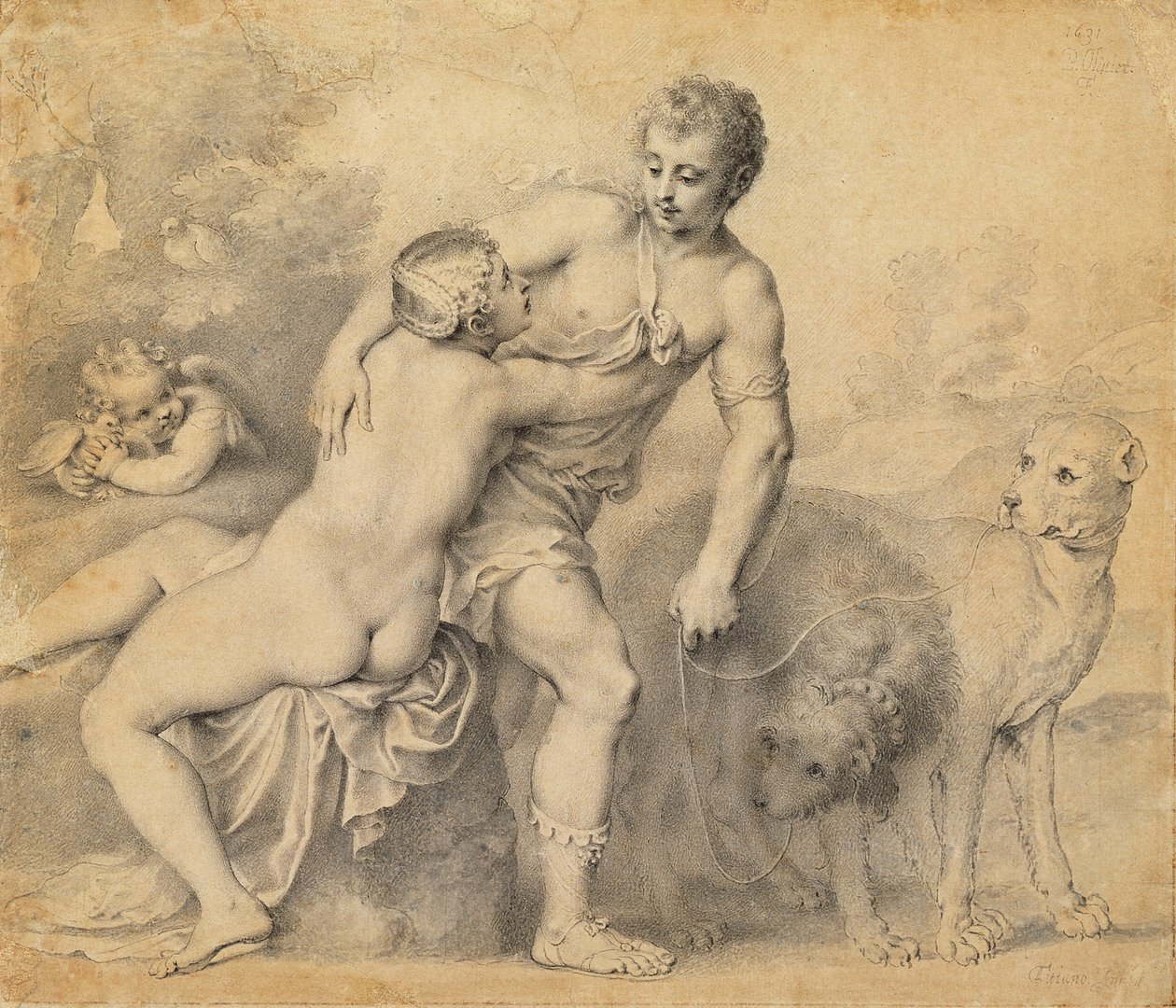 Venus og Adonis, 1631 (penn og blekk med vask på papir) av Peter Oliver