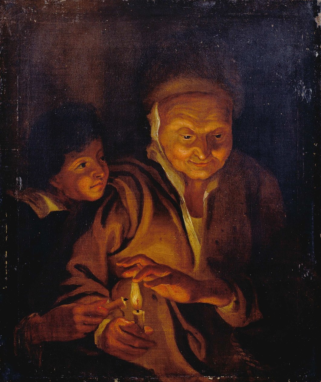 En gutt som tenner et lys fra en holdt av en gammel kvinne av Peter Paul Rubens