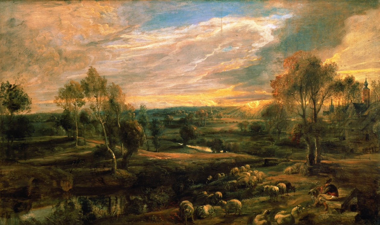 Et landskap med en hyrde og hans flokk, ca. 1638 (olje på eik) av Peter Paul Rubens