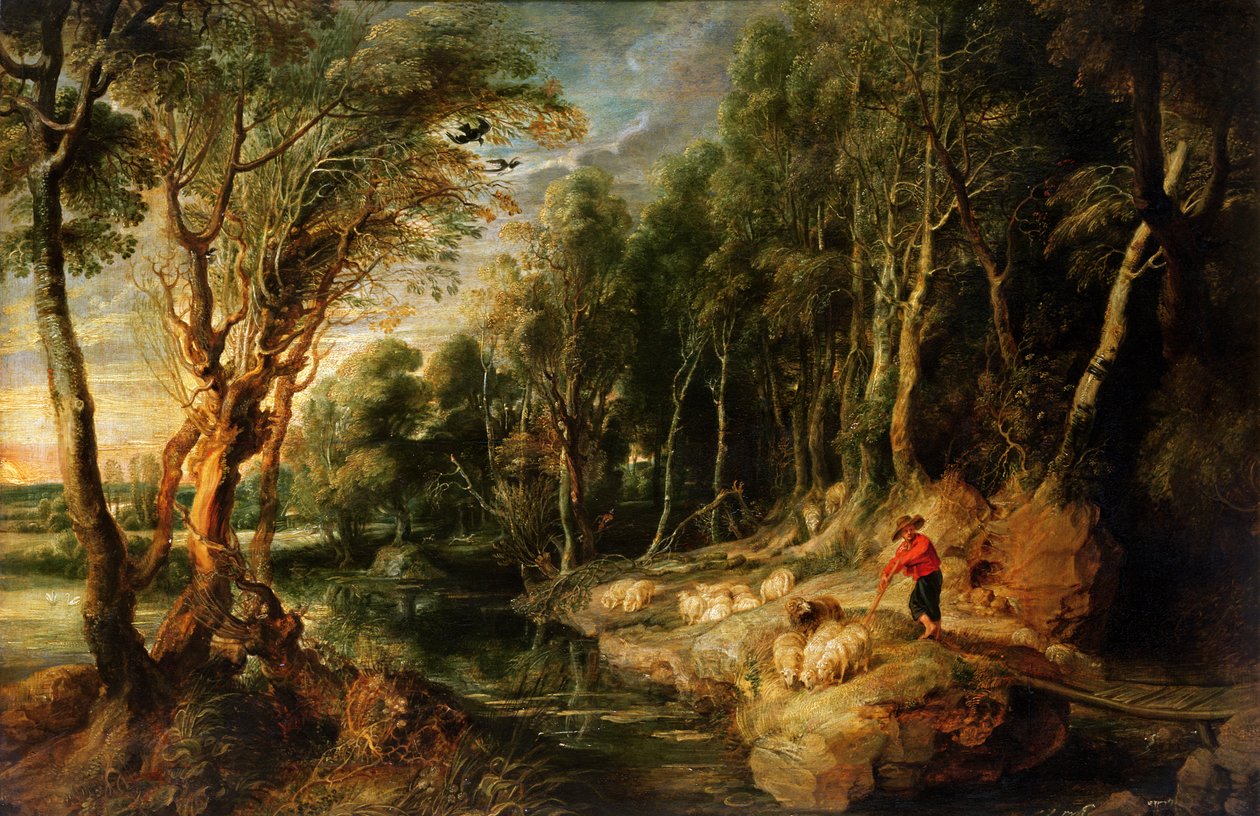 En hyrde med flokken sin i et skogslandskap, ca. 1615-22 (olje på eik) av Peter Paul Rubens