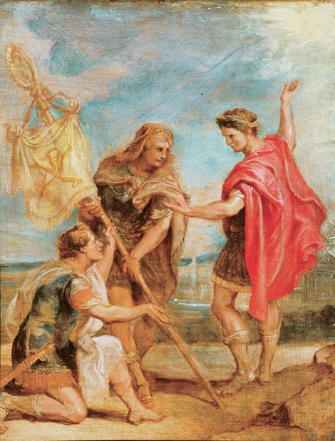 Konstantin mottar standarden med Kristi monogram som det keiserlige tegnet av Peter Paul Rubens
