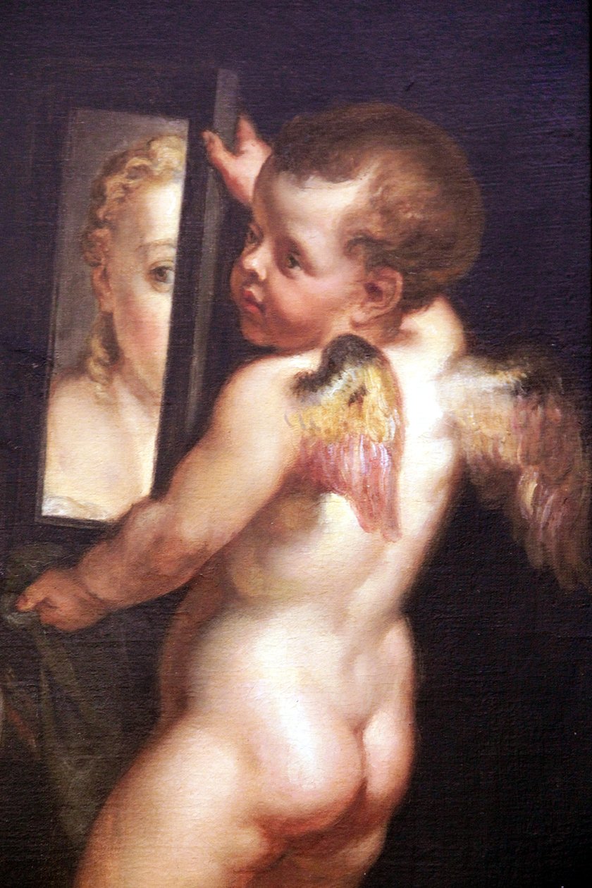 Amor som holder et speil, detaljer om oljen på lerret Venus og Amor som holder et speil av Peter Paul Rubens