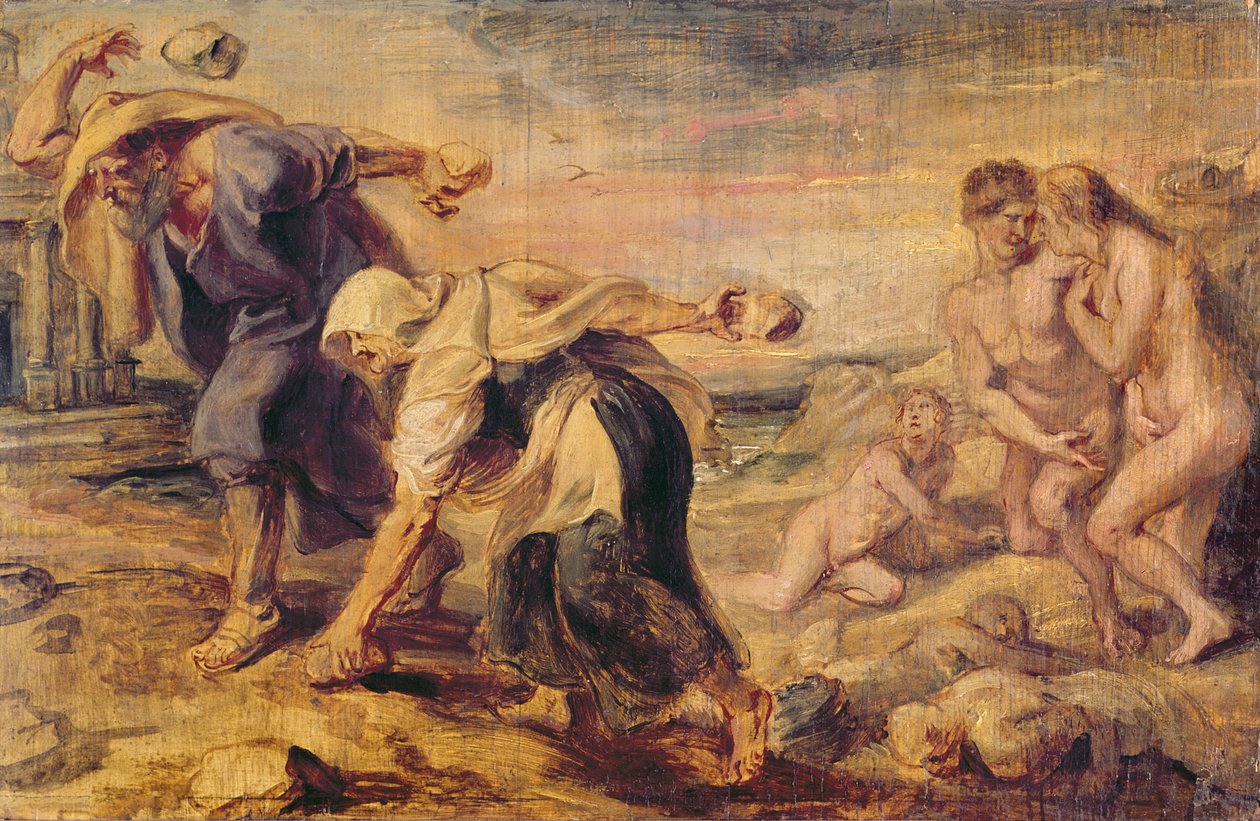 Deucalion og Pyrrha gjentar verden ved å kaste steiner bak dem, ca. 1636 av Peter Paul Rubens