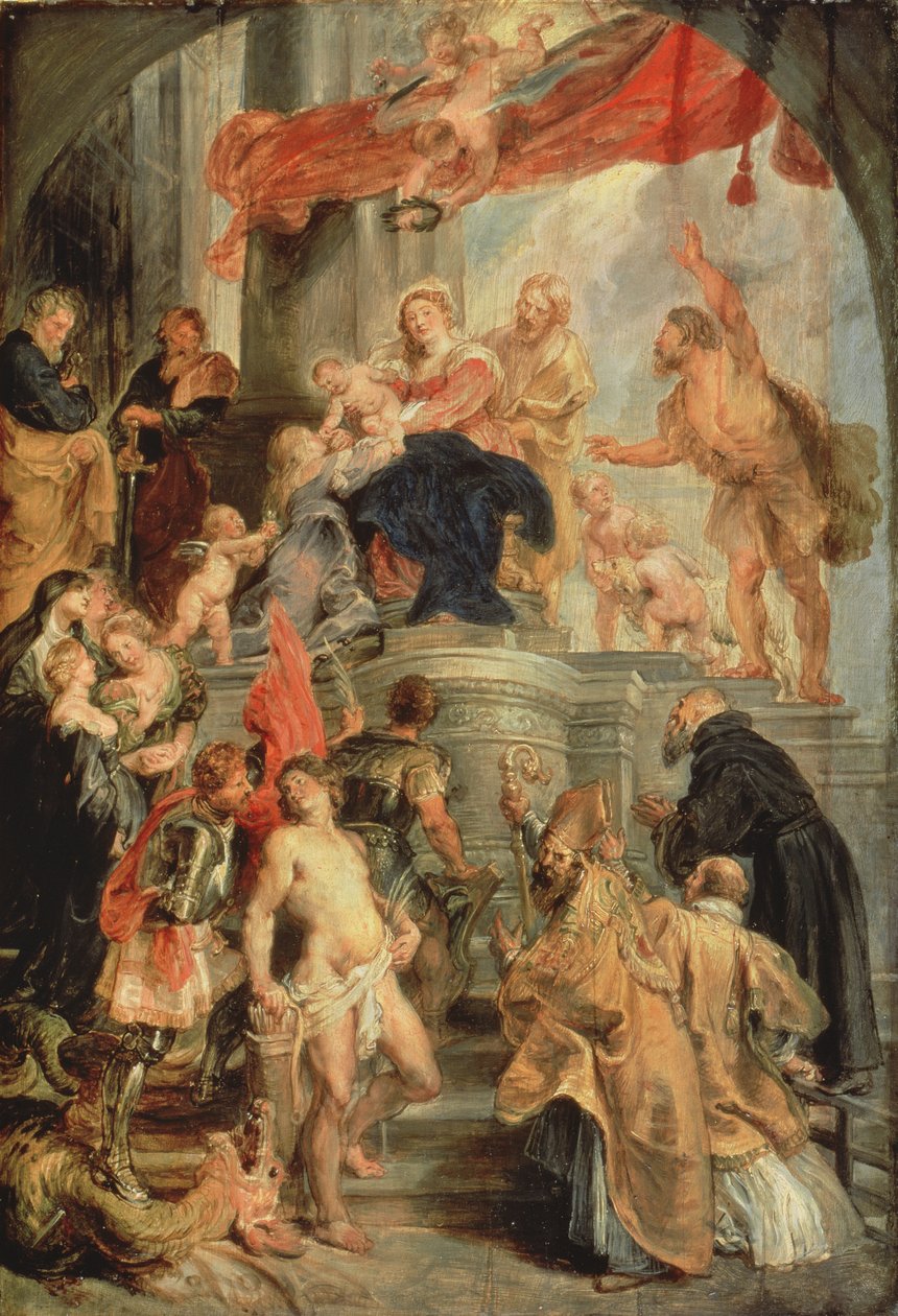 Tronet Madonna med barn, omringet av hellige, ca. 1627-28 av Peter Paul Rubens