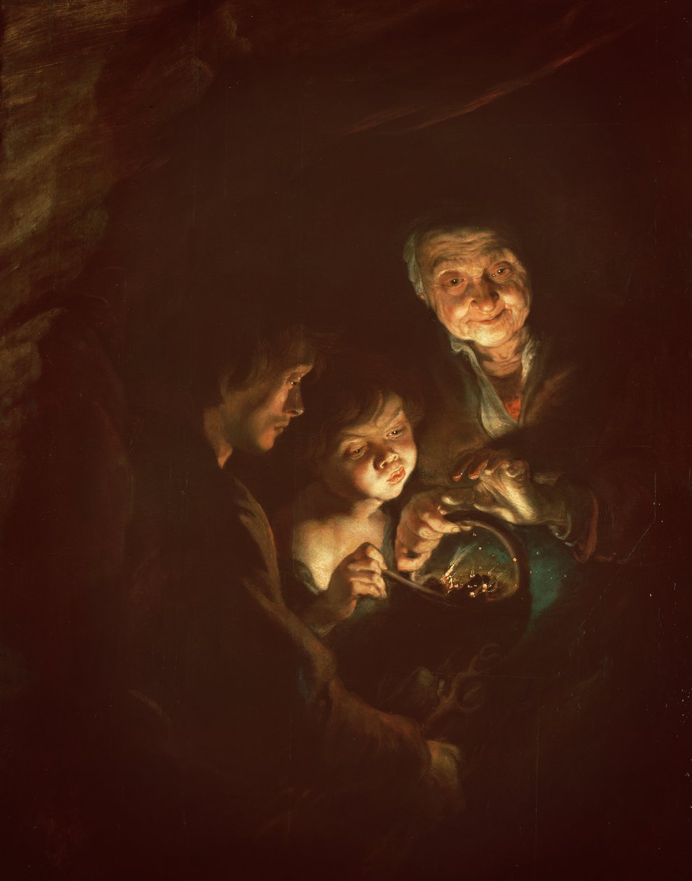 Gammel kvinne med en brenner, ca. 1616-20 (olje på tre) av Peter Paul Rubens