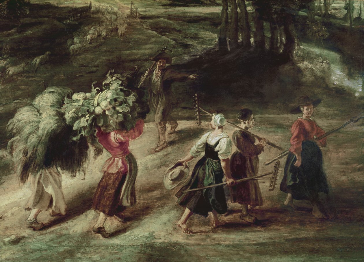 Bønder som vender tilbake fra åkrene, detalj av en gruppe bondekvinner i forgrunnen, ca. 1632-34 olje på panel av Peter Paul Rubens