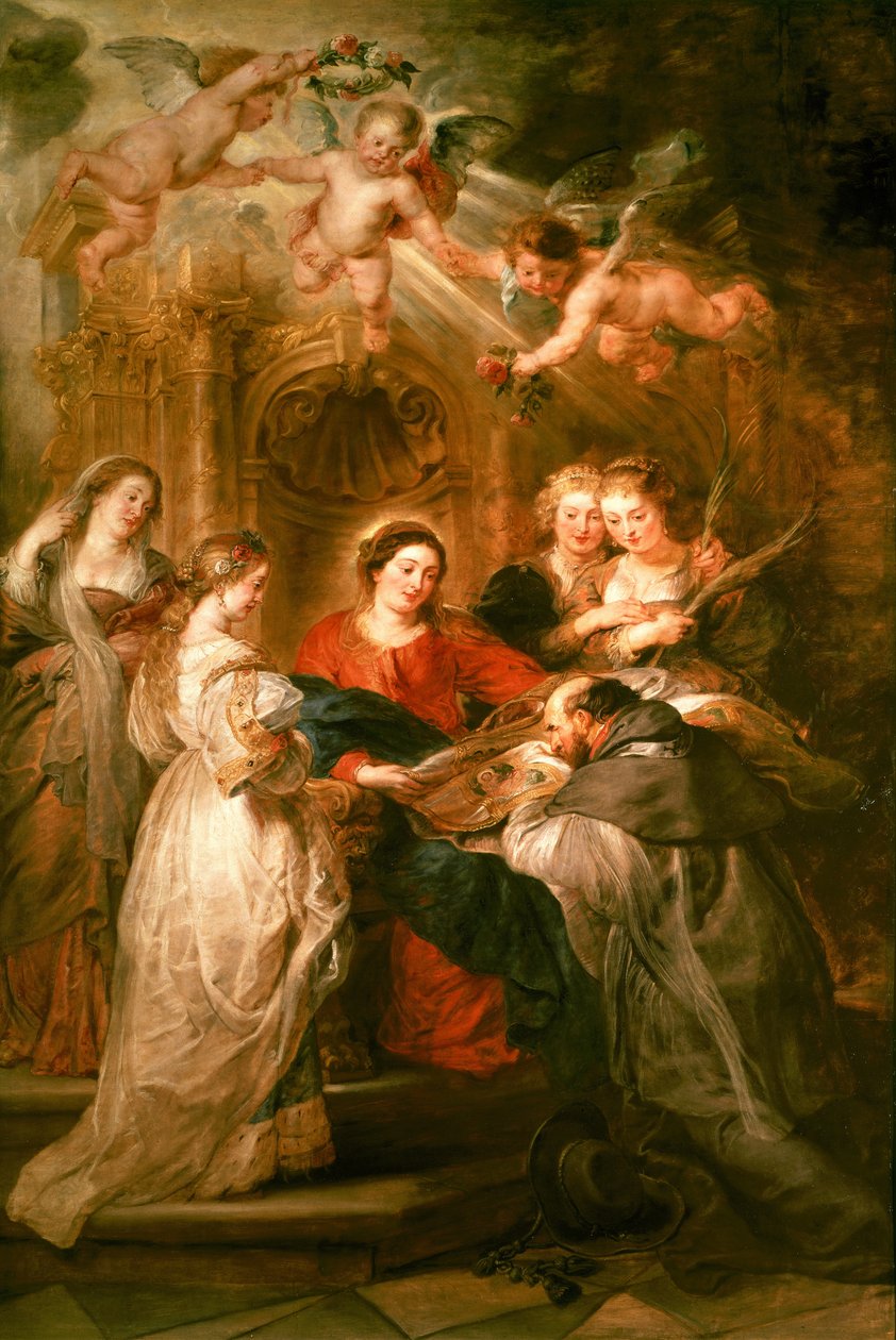 St. Ildefonso-altertavle, midtpanel som viser Jomfru Maria som presenterer en liturgisk kappe til St. Ildefonso, ca. 1630-32 av Peter Paul Rubens