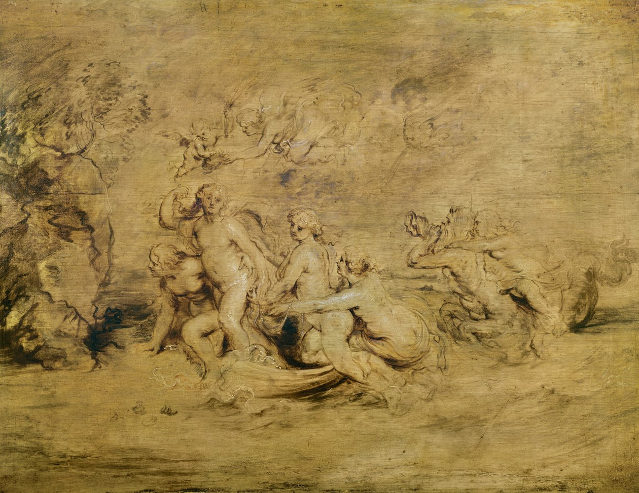 The Triumph of Venus (rødt, svart og hvitt blekk og kritt på papir) av Peter Paul Rubens