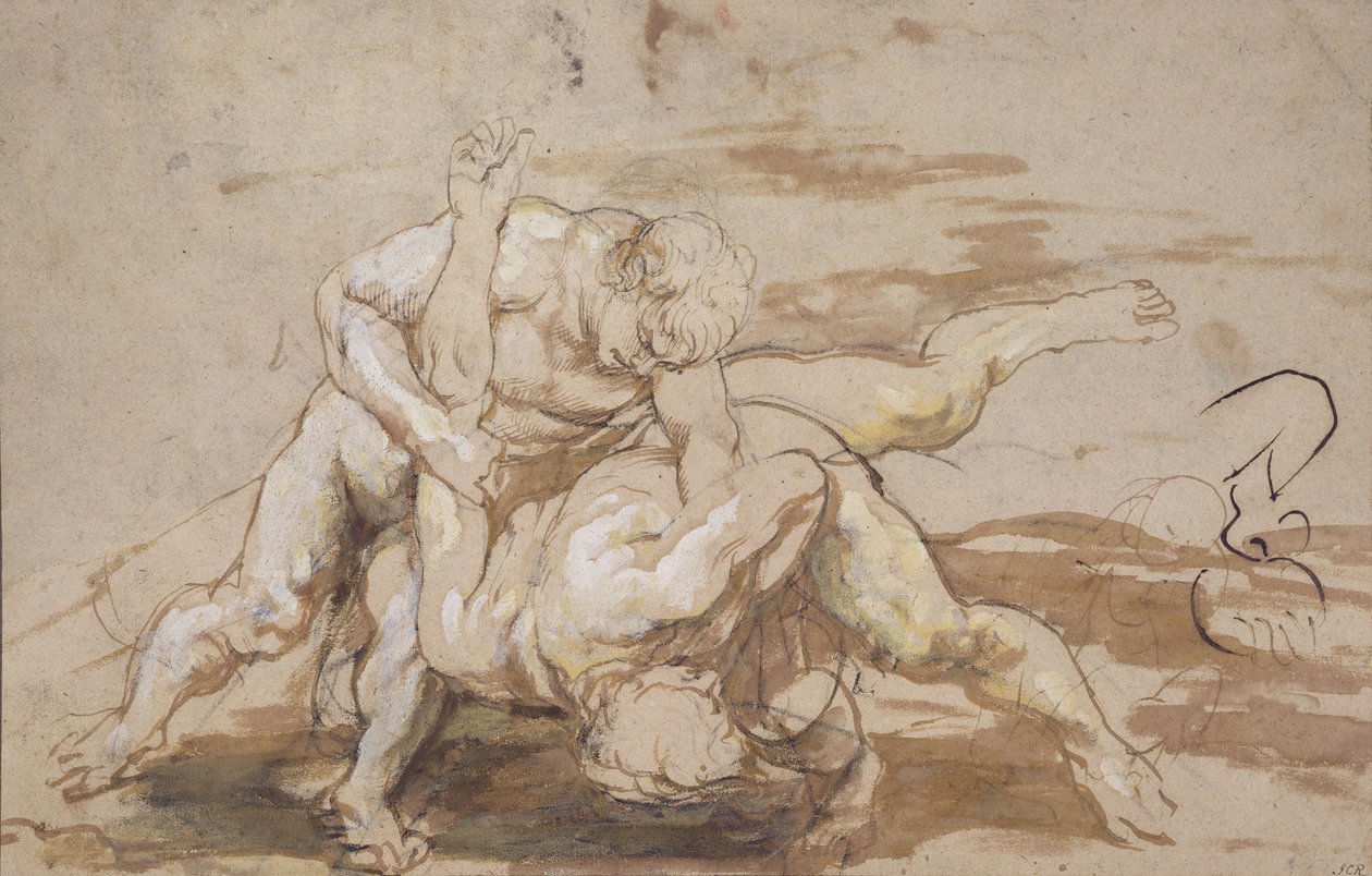 Two Men Wrestling (kull, penn og blekk med vask på papir) av Peter Paul Rubens