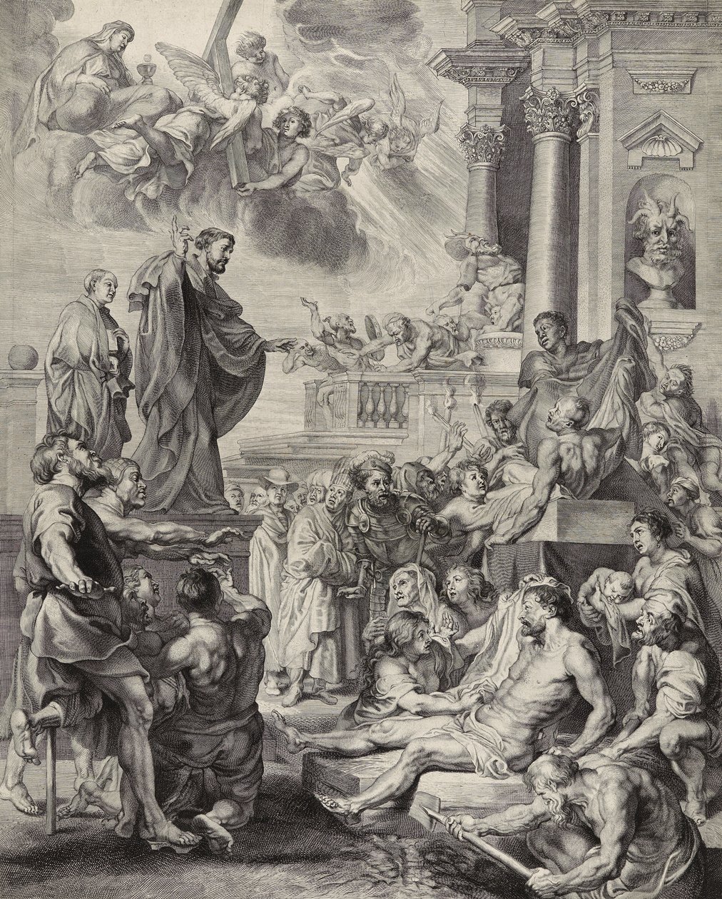 Mirakel av Saint Francis Xavier; Saint Francis Xavier gjenoppliver en død person (gravering på lagt papir) av Peter Paul after Rubens