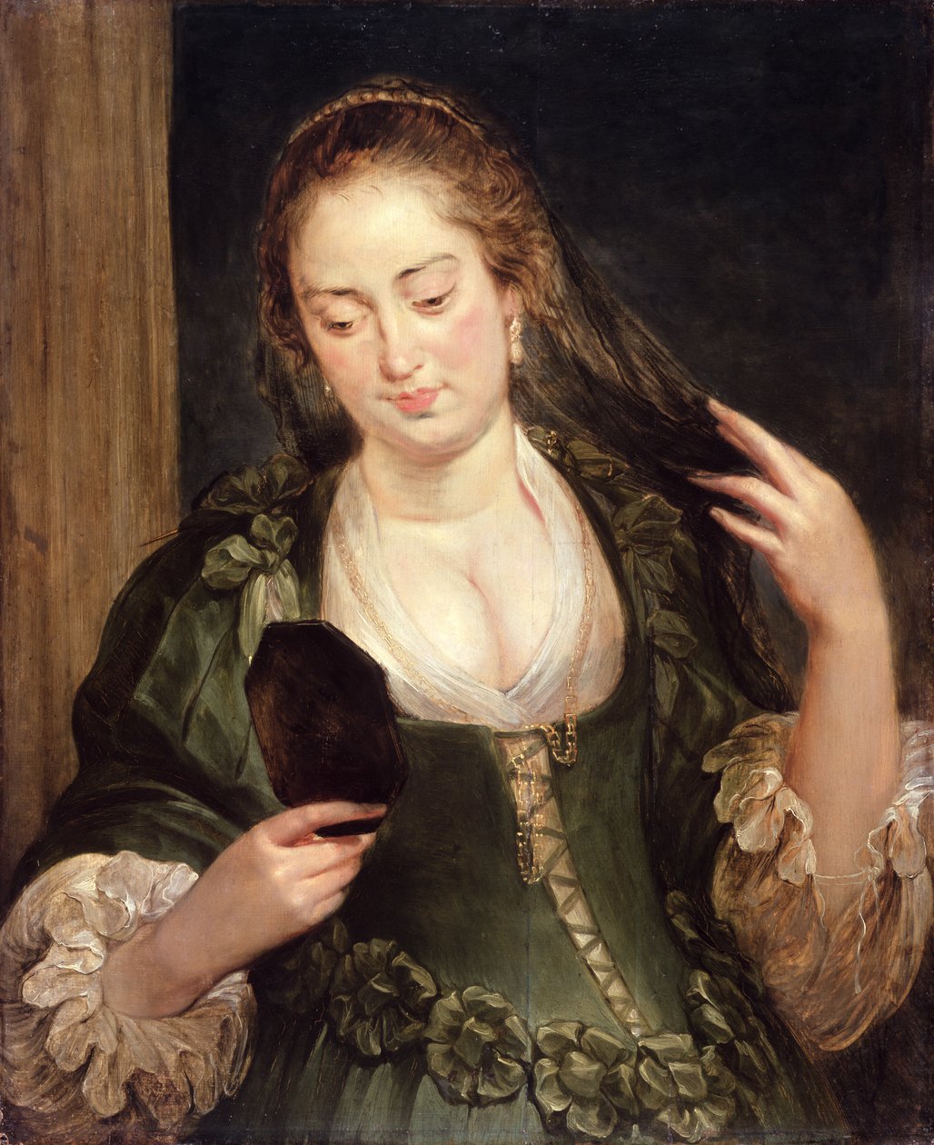 Jente med speil (olje på eik) av Follower of Peter Paul Rubens