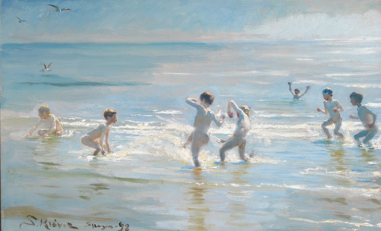 En gruppe gutter ute i det glitrende vannet av Peder Severin Krøyer