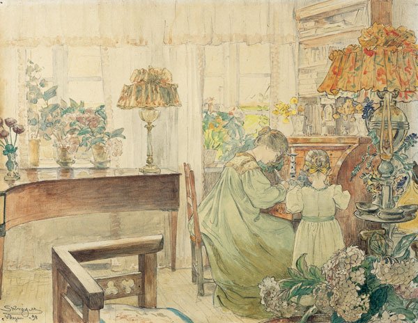 Marie og Vibeke Kroyer ved pulten i huset på Skagen Plantage av Peder Severin Krøyer