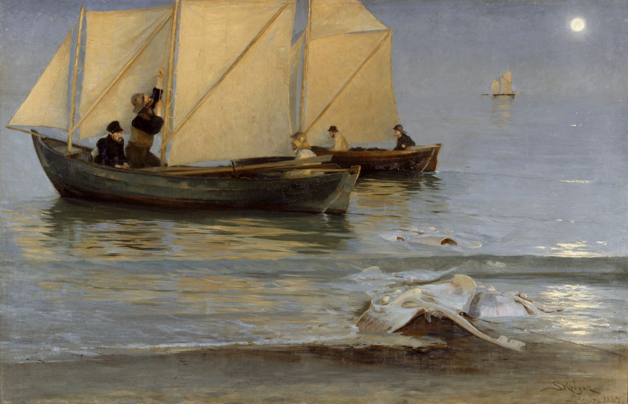 Skagboere drar ut på nattfiske. Sildig Sommerkveld. av Peder Severin Krøyer