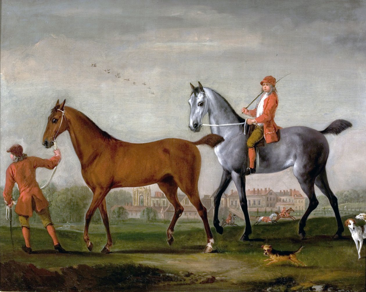 To veddeløpshester med brudgom og hunder i parken ved Newstead Abbey, Nottinghamshire, 1724 av Peter Tillemans